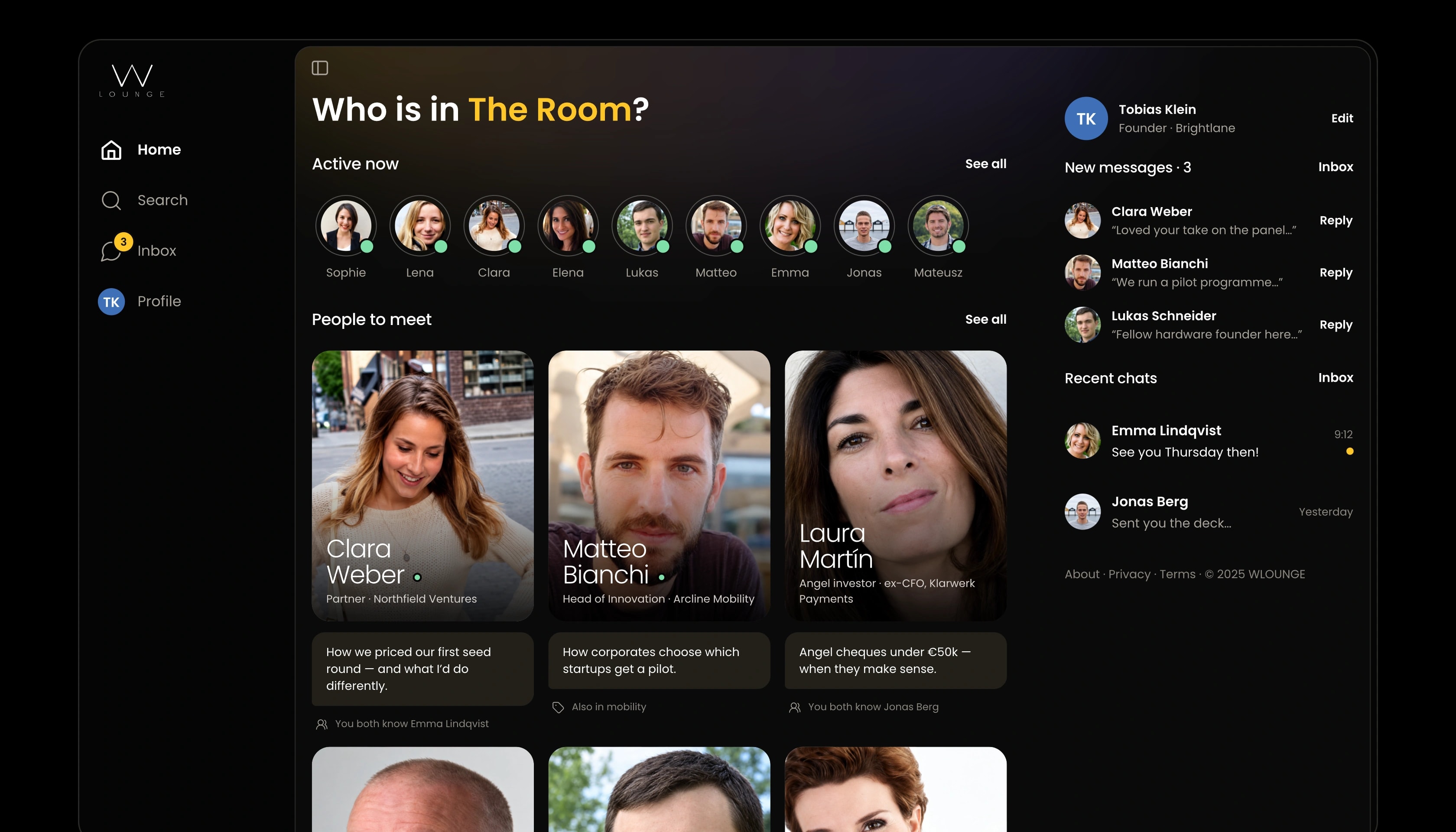 The Room desktop app showing members active now and people to meet