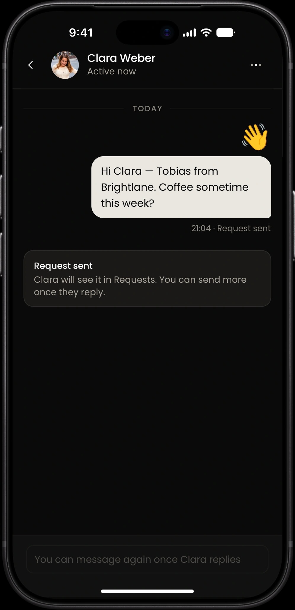 The Room on iPhone: a chat request sent after a wave