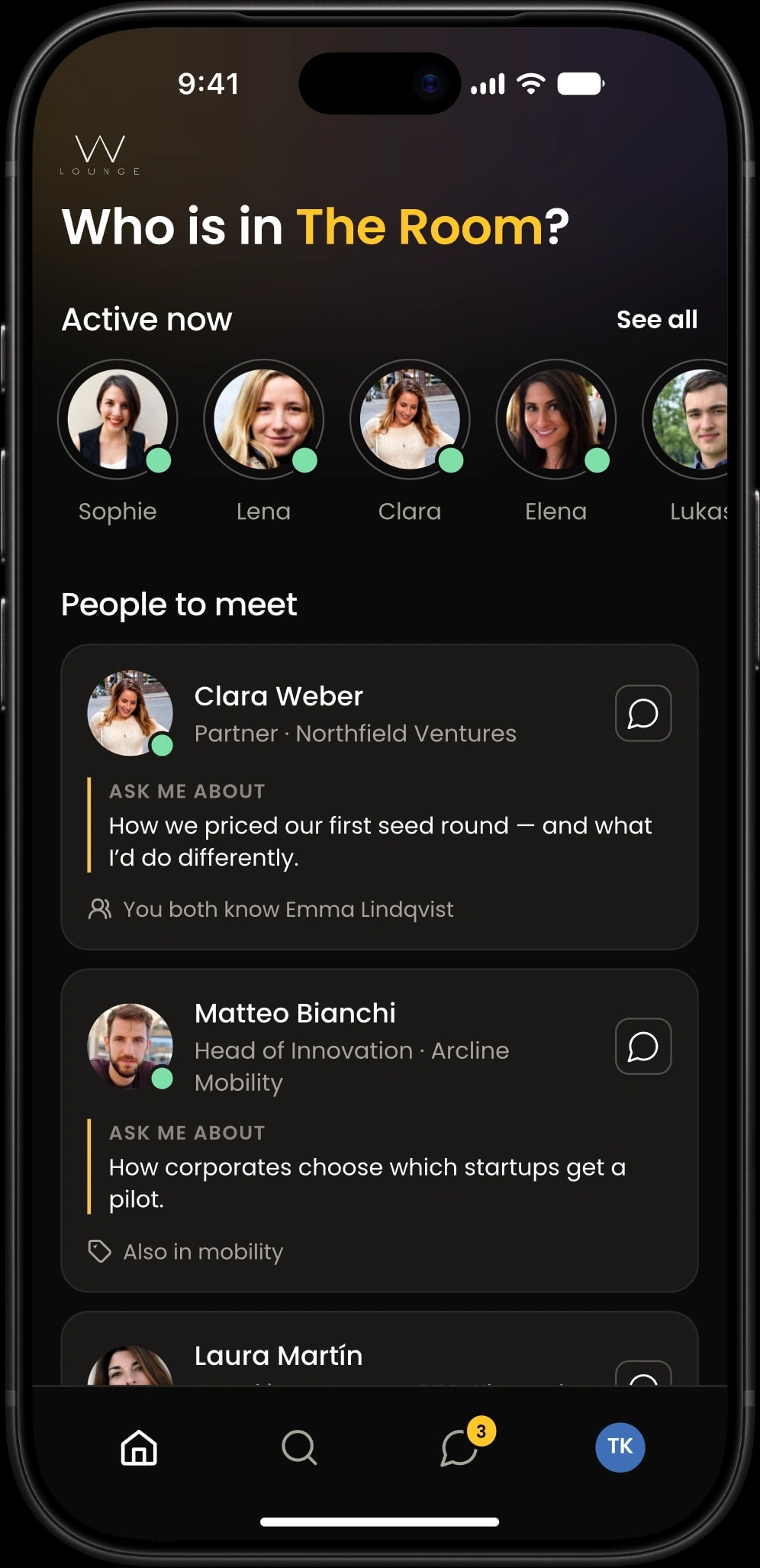 The Room on iPhone: home with members active now and people to meet